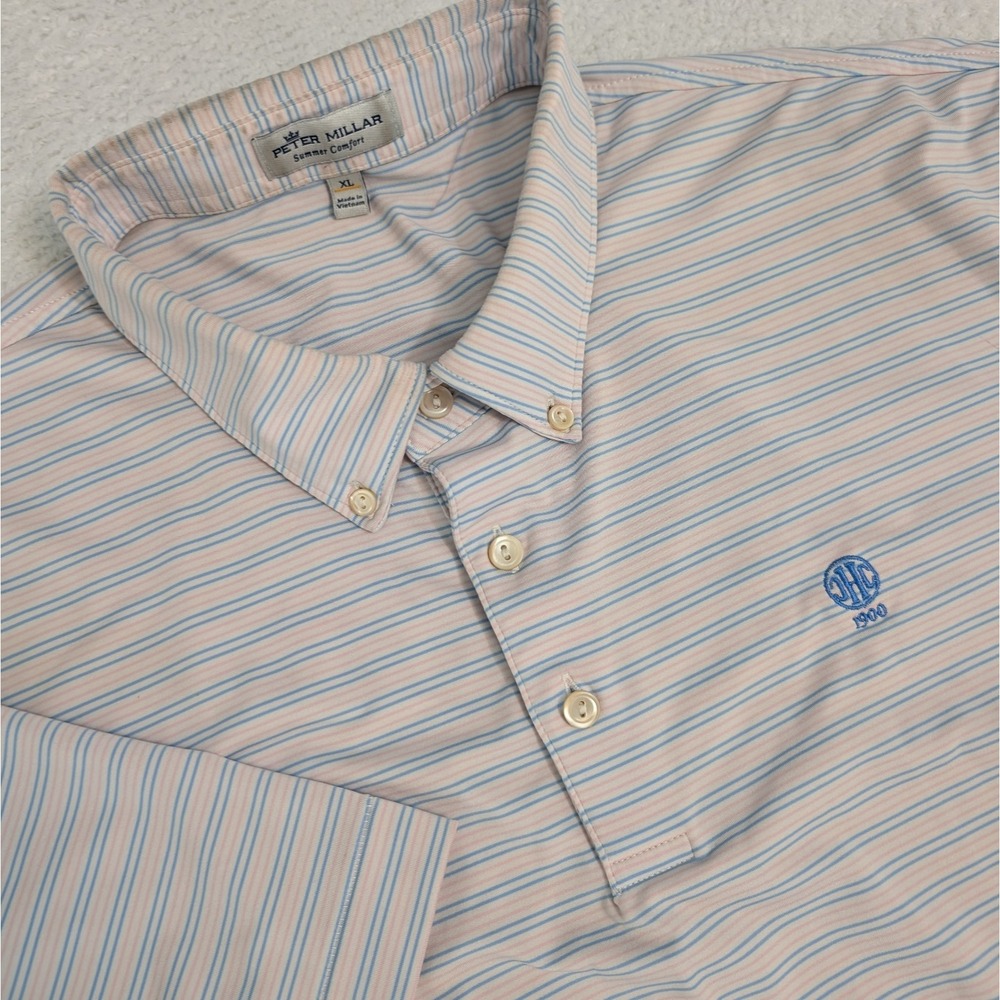 Peter Millar Polo Shirt Mens size XL Pink/Blue Stripe Short Sleeve chc 1900 Flaw
